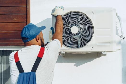 a man in overalls and work boots is fixing an air conditioner photo